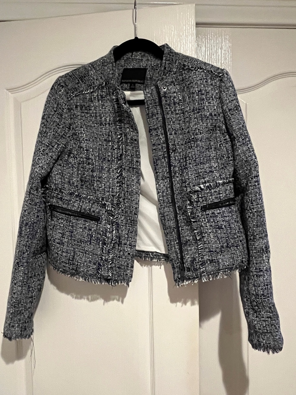Banana Republic Black and Gray Tweed Fringe Zip Jacket